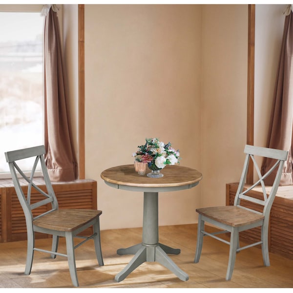 International Concepts Round 30 in Rd Top Pedestal Table, 2 X-Back Chairs, Hickory/Stone, 30 in W, 30 in L, 29.9 in H, Wood - K41-30RT-27B-C613-2