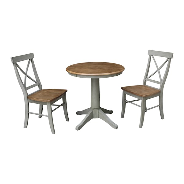 International Concepts Round 30 in Rd Top Pedestal Table, 2 X-Back Chairs, Hickory/Stone, 30 in W, 30 in L, 29.9 in H, Wood - K41-30RT-27B-C613-2
