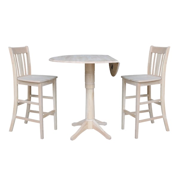 International Concepts Round 42 in Rd Ped Bar Ht Table, 2 Bar Ht Stools, Unfinished, Ready to Finish, 42 in W, 42 in L, Wood - K-42DPT-27-S103-2