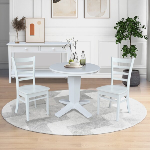 International Concepts 30 in. Solid Wood Round Top Pedestal Dining Table with 2 Chairs in White - K08-30RT-23B-C617-2