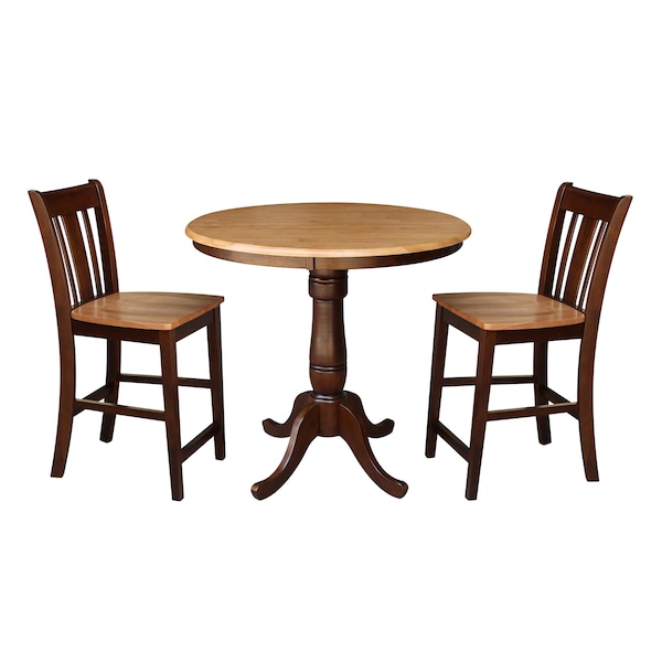 International Concepts Round 36 in Rd Ped Gathering Ht Table, 2 Counter Ht Stools, Cinnamon/Espresso, 36 in W, 36 in L, Wood - K58-36RT-6B-S102-2