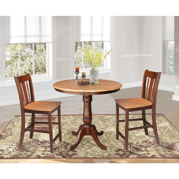 International Concepts Round 36 in Rd Ped Gathering Ht Table, 2 Counter Ht Stools, Cinnamon/Espresso, 36 in W, 36 in L, Wood - K58-36RT-6B-S102-2