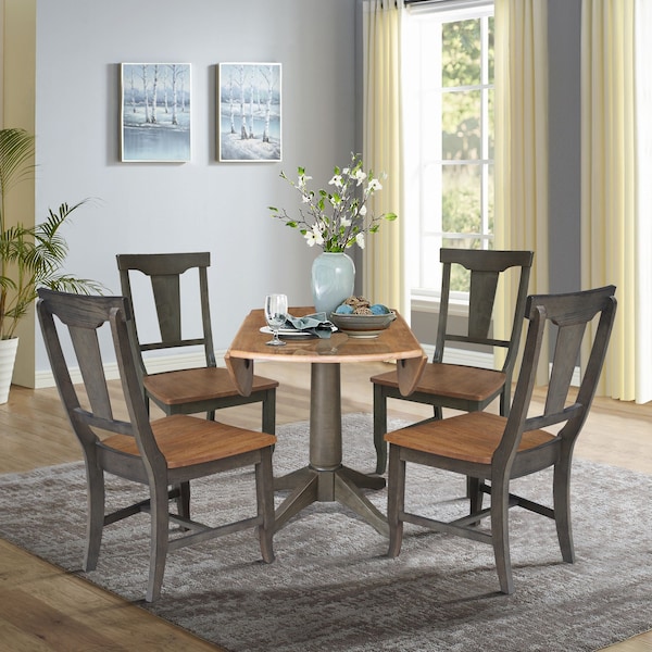 International Concepts Round Round 42 in. Dual Drop Leaf Dining Table with 4 Panel Back Chairs in Hickory/Washed Coal - K45-42DPT-27B-C110-4