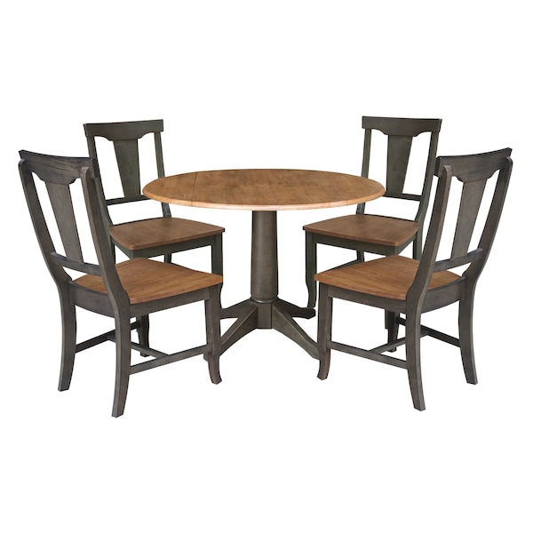 International Concepts Round Round 42 in. Dual Drop Leaf Dining Table with 4 Panel Back Chairs in Hickory/Washed Coal - K45-42DPT-27B-C110-4