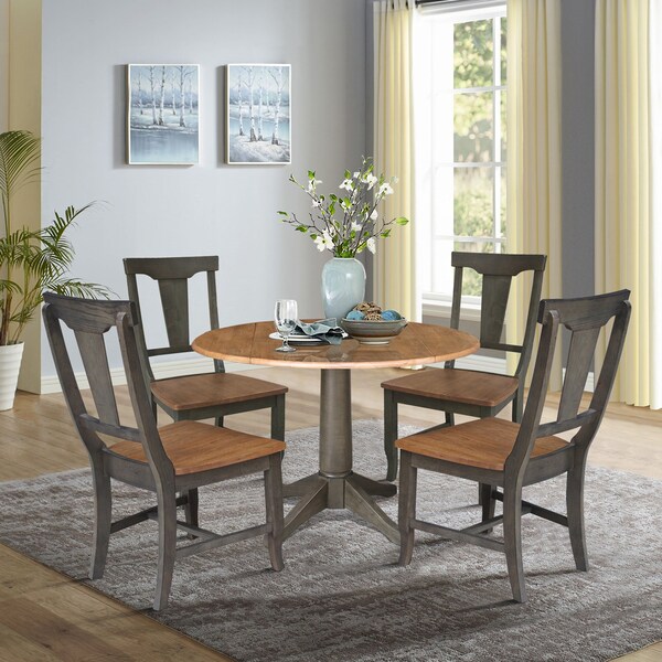 International Concepts Round Round 42 in. Dual Drop Leaf Dining Table with 4 Panel Back Chairs in Hickory/Washed Coal - K45-42DPT-27B-C110-4