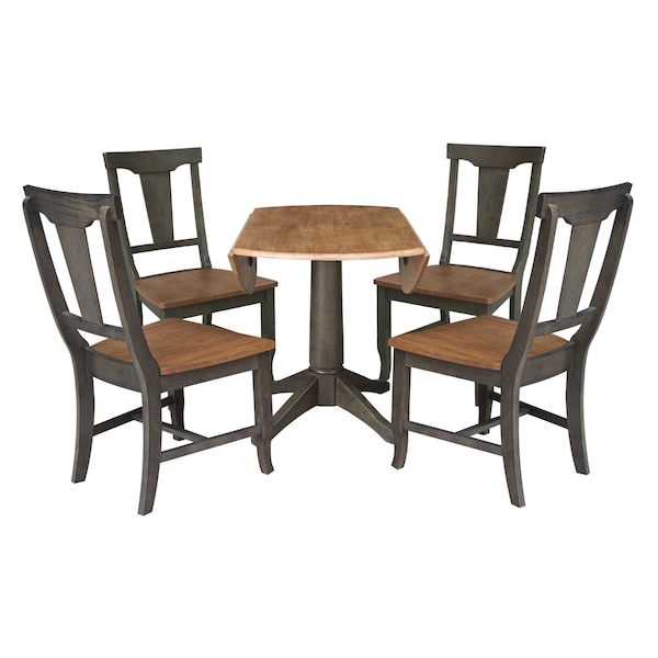 International Concepts Round Round 42 in. Dual Drop Leaf Dining Table with 4 Panel Back Chairs in Hickory/Washed Coal - K45-42DPT-27B-C110-4