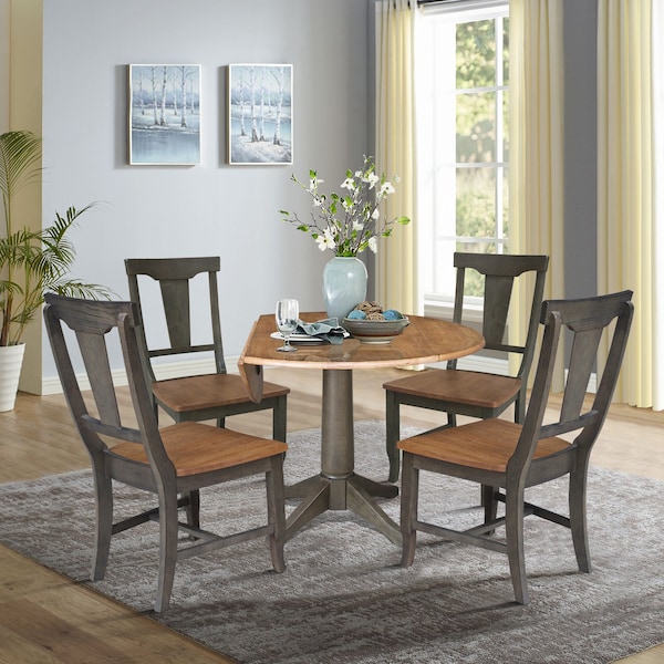 International Concepts Round Round 42 in. Dual Drop Leaf Dining Table with 4 Panel Back Chairs in Hickory/Washed Coal - K45-42DPT-27B-C110-4