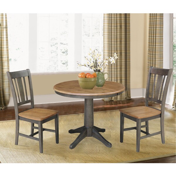 International Concepts Round 36 in Rd Extension Dining Table, 2 RTA Chairs, Hickory/Washed Coal, 36 in W, 48 in L, 30.1 in H - K45-36RXT-27B-C10-2