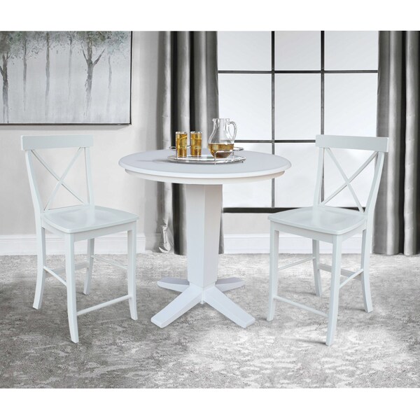 International Concepts 36 in. Solid Wood Round Top Pedestal Dining Table with 2 Counter Height Stools in White - K08-36RT-23B-S6132-2