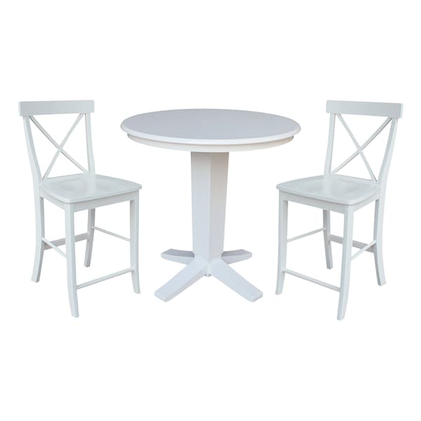 International Concepts 36 in. Solid Wood Round Top Pedestal Dining Table with 2 Counter Height Stools in White - K08-36RT-23B-S6132-2