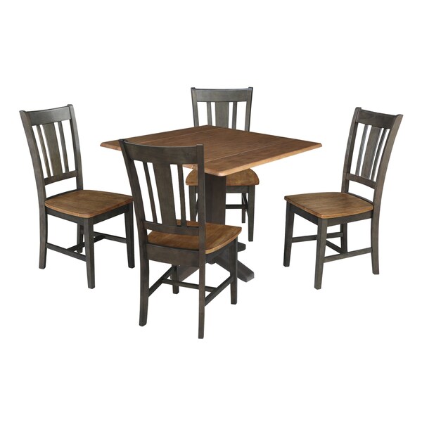 International Concepts 36 in. Solid Wood Square Dual Drop Leaf Dining Table with 4 Chairs in Hickory/Washed Coal - K45-36SDP-C10-4