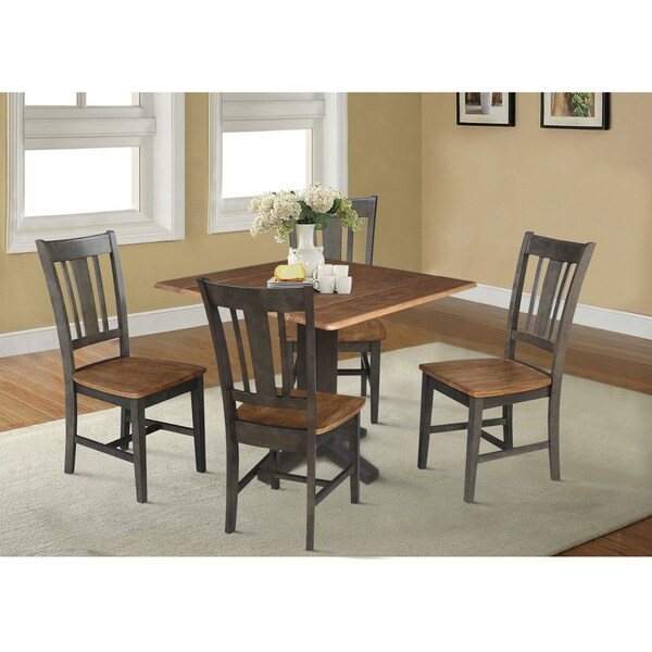 International Concepts 36 in. Solid Wood Square Dual Drop Leaf Dining Table with 4 Chairs in Hickory/Washed Coal - K45-36SDP-C10-4