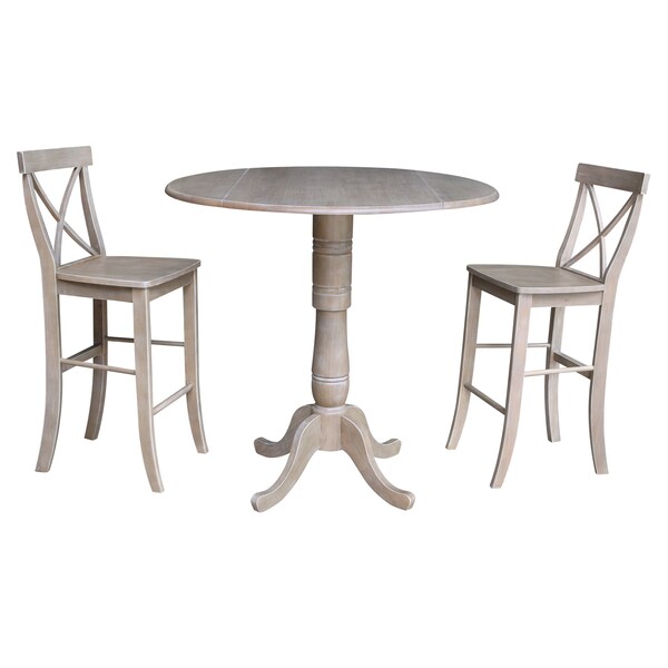 International Concepts Round 42 in Rd Pedestal Bar Height Table, 2 Bar Height Stools, Washed Gray Taupe, 42 in W, 42 in L - K09-42DPT-S6133-2