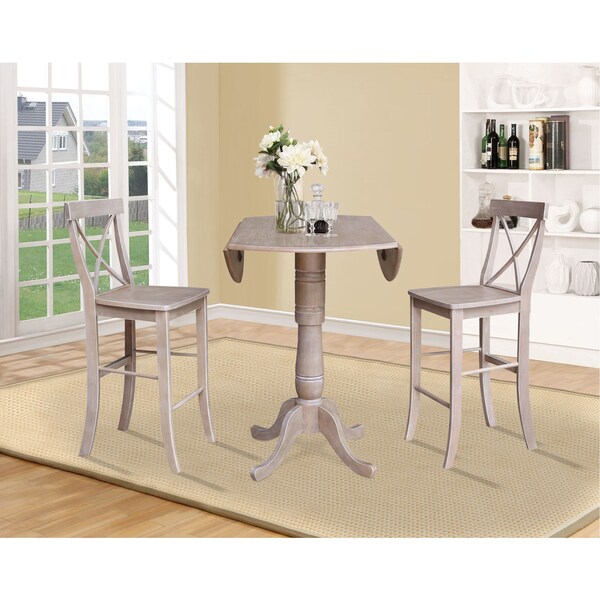 International Concepts Round 42 in Rd Pedestal Bar Height Table, 2 Bar Height Stools, Washed Gray Taupe, 42 in W, 42 in L - K09-42DPT-S6133-2