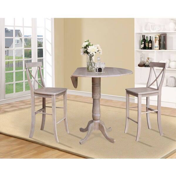 International Concepts Round 42 in Rd Pedestal Bar Height Table, 2 Bar Height Stools, Washed Gray Taupe, 42 in W, 42 in L - K09-42DPT-S6133-2
