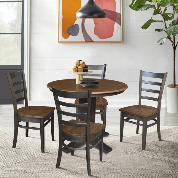 International Concepts 36 in. Solid Wood Round Top Pedestal Dining Table with 4 Chairs in Hickory/Washed Coal - K45-36RT-23B-C617-4