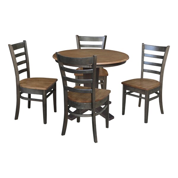 International Concepts 36 in. Solid Wood Round Top Pedestal Dining Table with 4 Chairs in Hickory/Washed Coal - K45-36RT-23B-C617-4