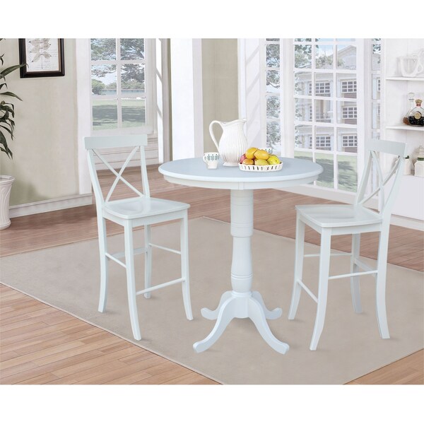 International Concepts Round 36 in Rd Pedestal Bar Height Table, 2 X-Back Bar Height Stools, White, 36 in W, 36 in L, Wood - K08-36RT-6B-2-33