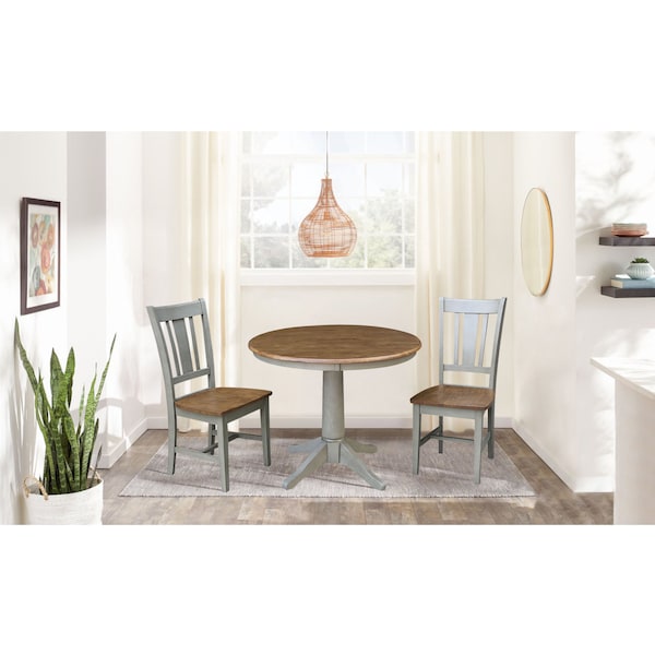 International Concepts Round 36 in Rd Top Pedestal Table, 2 San Remo Chairs, Hickory/Stone, 36 in W, 36 in L, 29.1 in H - K41-36RT-27B-C10-2