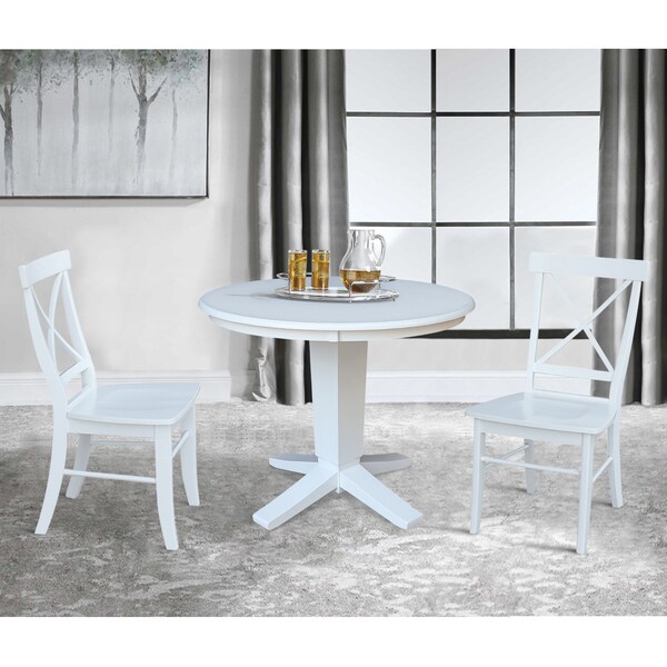 International Concepts 36 in. Solid Wood Round Top Pedestal Dining Table with 2 Chairs in White - K08-36RT-23B-C613-2