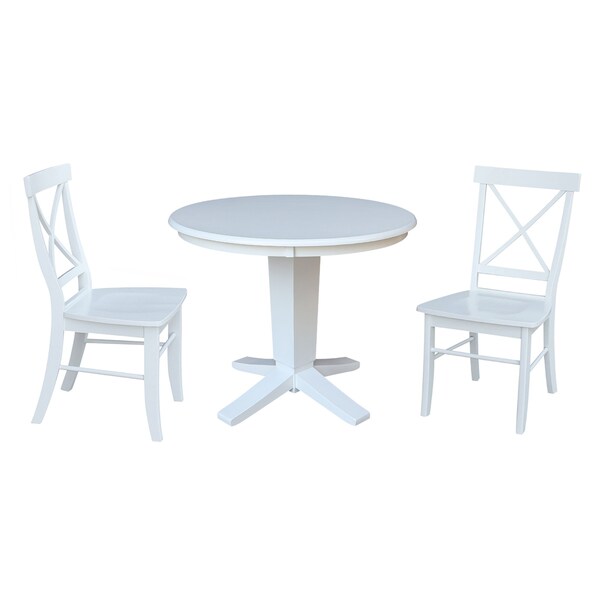 International Concepts 36 in. Solid Wood Round Top Pedestal Dining Table with 2 Chairs in White - K08-36RT-23B-C613-2