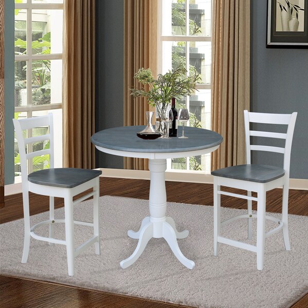 International Concepts Round 36 in Rd Ped Gathering Ht Table, 2 Emily Stools, White/Heather Gray, 36 in W, 36 in L, Wood - K05-36RT-6B-S6172-2