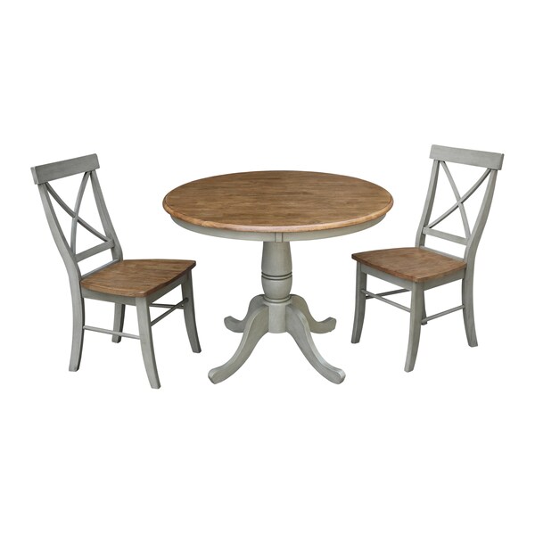 International Concepts Round 36 in Rd Top Pedestal Table, 2 X-Back Chairs, Hickory/Stone, 36 in W, 36 in L, 29.1 in H, Wood - K41-36RT-C613-2