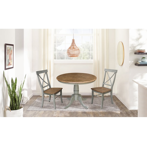International Concepts Round 36 in Rd Top Pedestal Table, 2 X-Back Chairs, Hickory/Stone, 36 in W, 36 in L, 29.1 in H, Wood - K41-36RT-C613-2