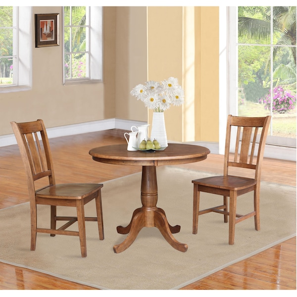 International Concepts Round 36 in Rd Top Pedestal Table, 2 San Remo Chairs, Distressed Oak, 36 in W, 36 in L, 29.1 in H - K42-36RT-C10-2