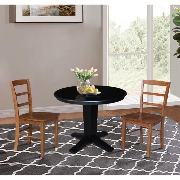 International Concepts 36 in. Solid Wood Round Top Dining Table with 2 Chairs in Black/Distressed Oak - K46-36RT-23B-C42-2-2