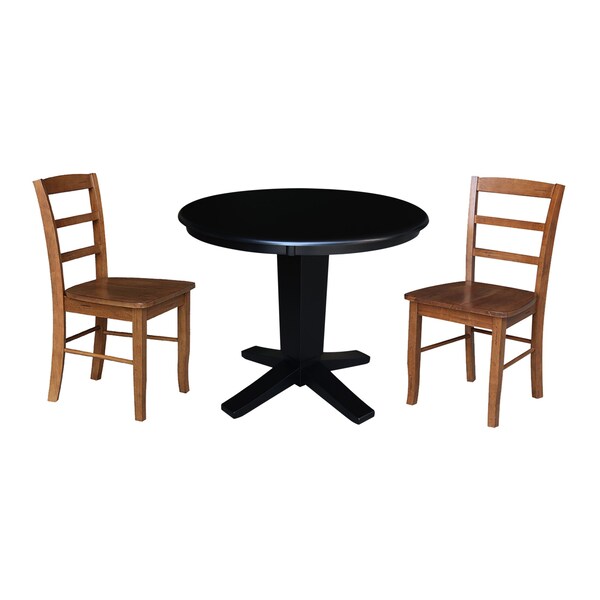 International Concepts 36 in. Solid Wood Round Top Dining Table with 2 Chairs in Black/Distressed Oak - K46-36RT-23B-C42-2-2