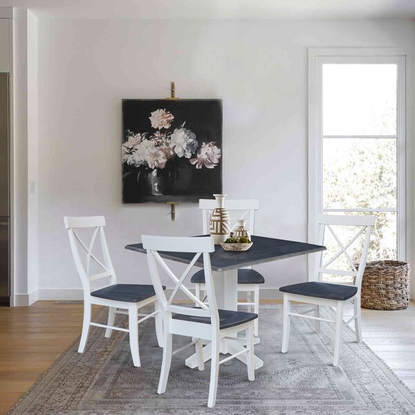 International Concepts 36 in. Solid Wood Square Dual Drop Leaf Dining Table with 4 Chairs in White/Heather Gray - K05-36SDP-C613-4