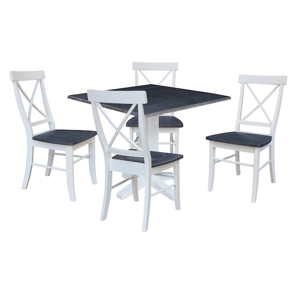 International Concepts 36 in. Solid Wood Square Dual Drop Leaf Dining Table with 4 Chairs in White/Heather Gray - K05-36SDP-C613-4
