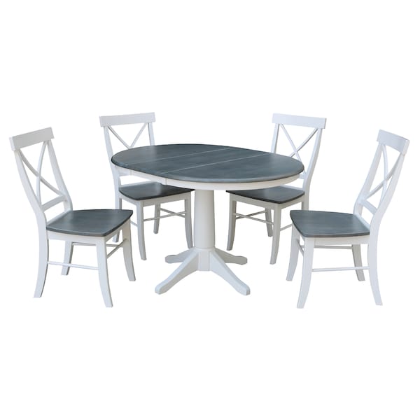 International Concepts Round 36 in Rd Extension Dining Table, 4 X-back Chairs, White/Heather Gray, 36 in W, 48 in L, Wood - K05-36RXT-27B-C613-4