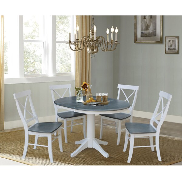 International Concepts Round 36 in Rd Extension Dining Table, 4 X-back Chairs, White/Heather Gray, 36 in W, 48 in L, Wood - K05-36RXT-27B-C613-4
