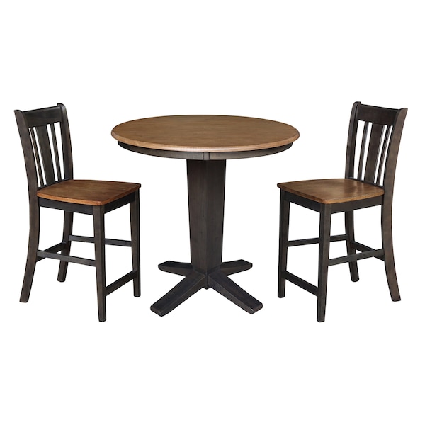 International Concepts 36 in. Solid Wood Round Top Dining Table with 2 Counter Height Stools in Hickory/Washed Coal - K45-36RT-23B-S102-2