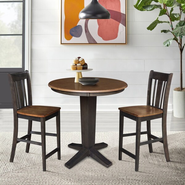 International Concepts 36 in. Solid Wood Round Top Dining Table with 2 Counter Height Stools in Hickory/Washed Coal - K45-36RT-23B-S102-2