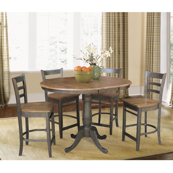 International Concepts Round 36 in Rd Extension Dining table, 4 RTA counterHt stools, Hickory/Coal, 36 in W, 48 in L, Wood - K45-36RXT-6B-S6172-4