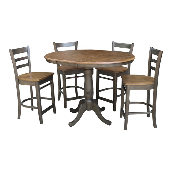 International Concepts Round 36 in Rd Extension Dining table, 4 RTA counterHt stools, Hickory/Coal, 36 in W, 48 in L, Wood - K45-36RXT-6B-S6172-4