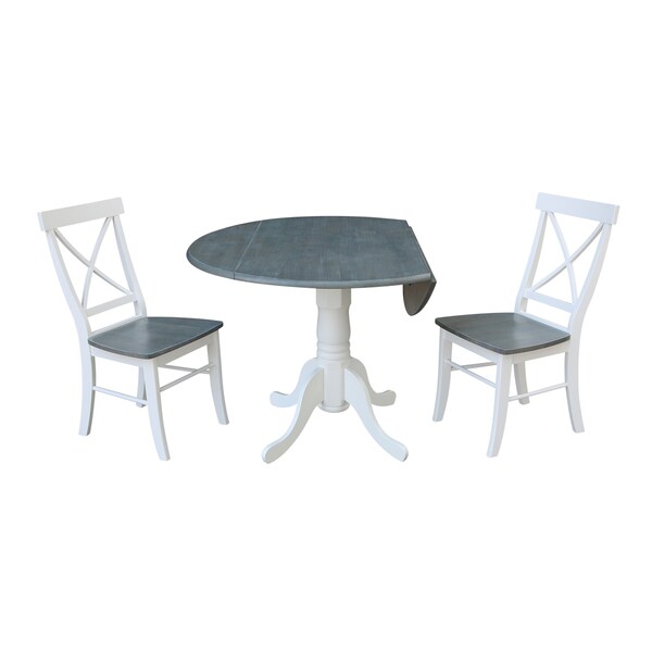 International Concepts Square 42 in Dual Drop Leaf Table, 2 X-back Chairs, White/Heather Gray, 42 in W, 42 in L, 29.5 in H - K05-42DP-C613P