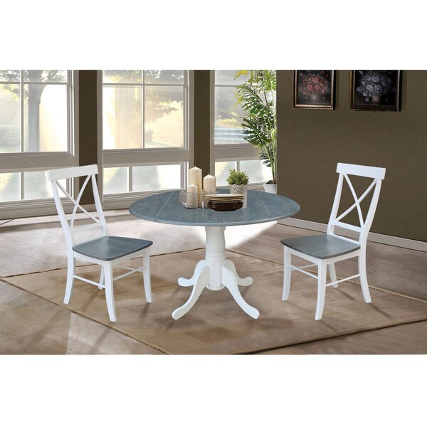 International Concepts Square 42 in Dual Drop Leaf Table, 2 X-back Chairs, White/Heather Gray, 42 in W, 42 in L, 29.5 in H - K05-42DP-C613P