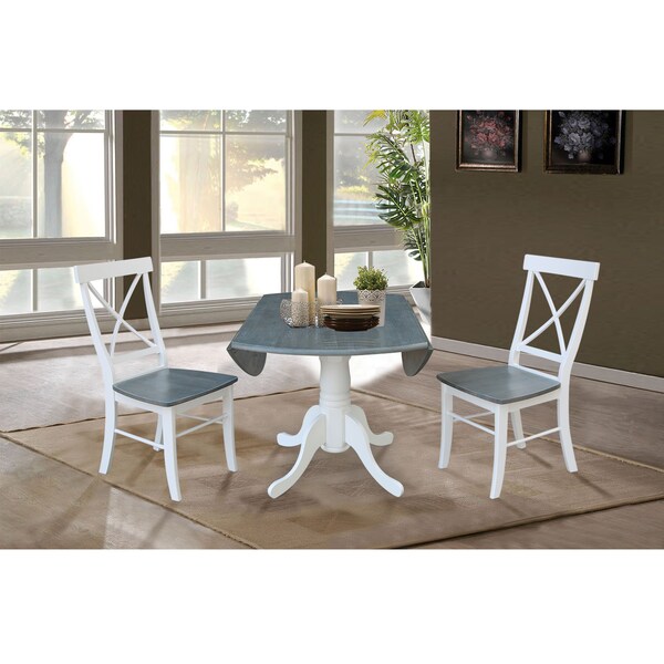 International Concepts Square 42 in Dual Drop Leaf Table, 2 X-back Chairs, White/Heather Gray, 42 in W, 42 in L, 29.5 in H - K05-42DP-C613P