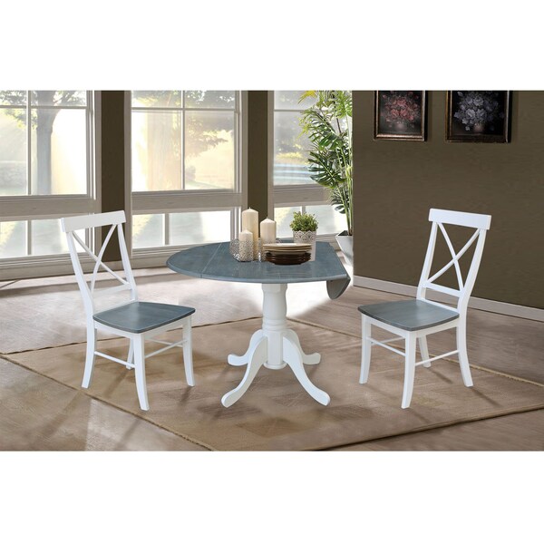 International Concepts Square 42 in Dual Drop Leaf Table, 2 X-back Chairs, White/Heather Gray, 42 in W, 42 in L, 29.5 in H - K05-42DP-C613P