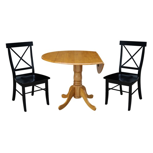 International Concepts 42 in Dual Drop Leaf Dining Table with 2 Cross Back Dining Chairs - 3 Piece Dining Set - K04-42DP-C46-613P