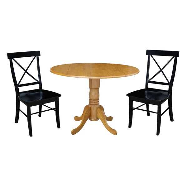 International Concepts 42 in Dual Drop Leaf Dining Table with 2 Cross Back Dining Chairs - 3 Piece Dining Set - K04-42DP-C46-613P