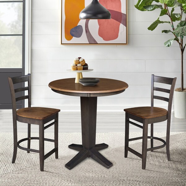 International Concepts 36 in. Solid Wood Round Top Pedestal Dining Table w/2 Counter Height Stools in Hickory/Washed Coal - K45-36RT-23B-S6172-2
