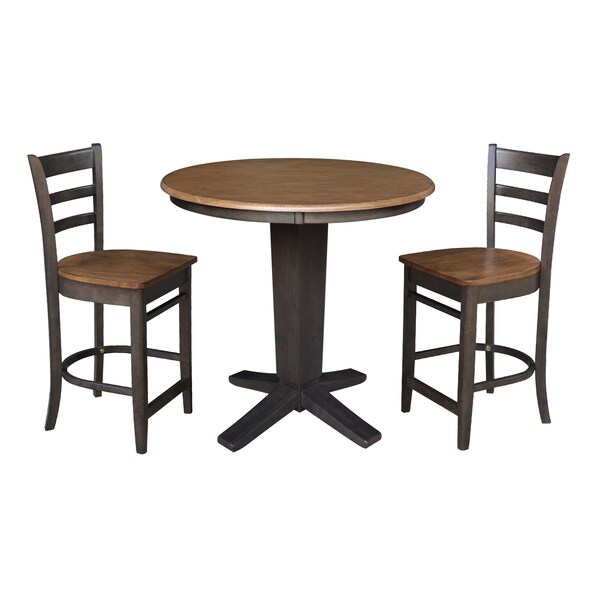 International Concepts 36 in. Solid Wood Round Top Pedestal Dining Table w/2 Counter Height Stools in Hickory/Washed Coal - K45-36RT-23B-S6172-2