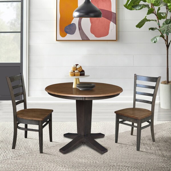 International Concepts 36 in. Solid Wood Round Top Pedestal Dining Table with 2 Chairs in Hickory/Washed Coal - K45-36RT-23B-C617-2