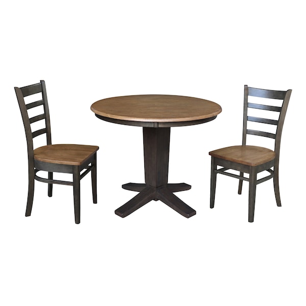 International Concepts 36 in. Solid Wood Round Top Pedestal Dining Table with 2 Chairs in Hickory/Washed Coal - K45-36RT-23B-C617-2