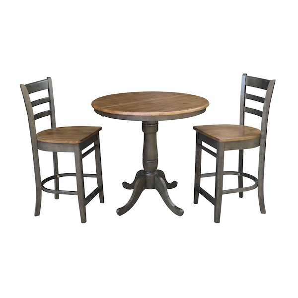 International Concepts Round 36 in Rd Extension Dining Table, 2 RTA Counter Ht Stools, Hickory/Coal, 36 in W, 48 in L, Wood - K45-36RXT-6B-S6172-2
